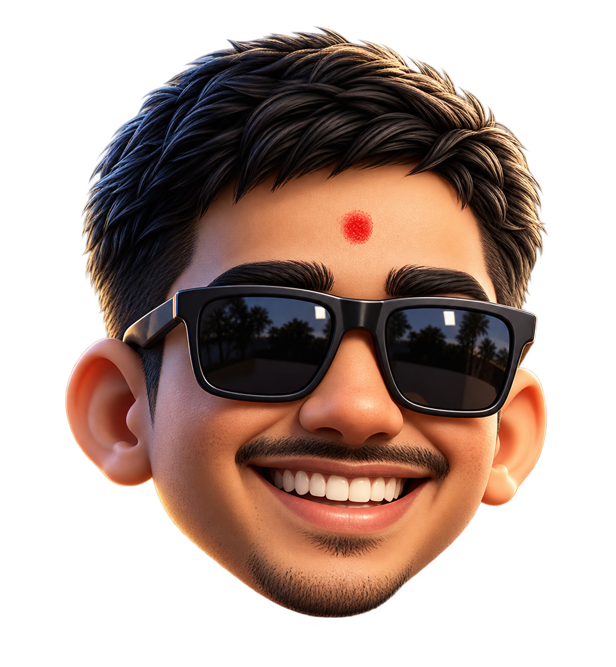 Kamal’s 3D character with sunglasses, dark hair, and a smile